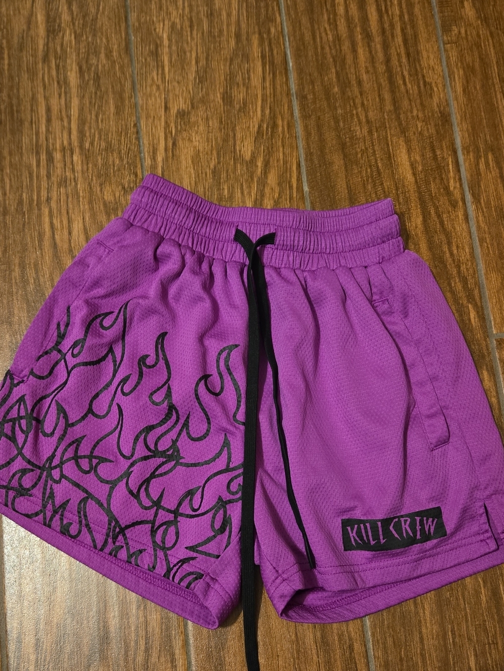 Kill Crew Purple Athletic Shorts with Black Flame Graphic